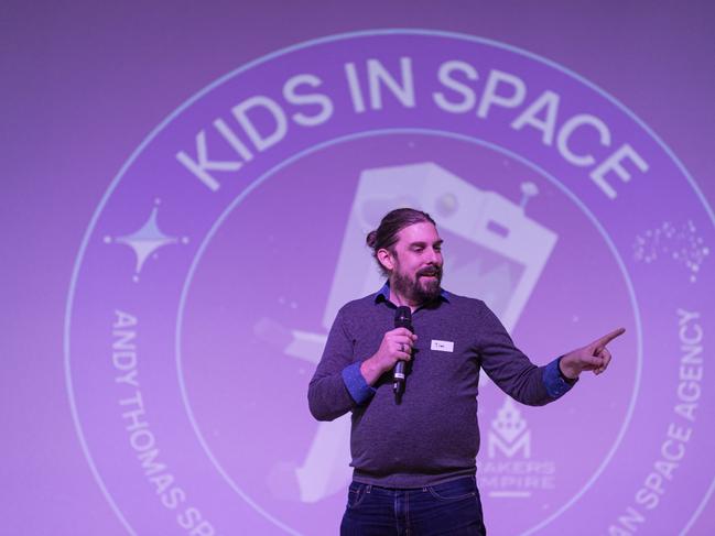 Dr Timothy Holt of UniSQ speaking at Kids in Space Queensland finals and showcase at Edmund Rice Cultural Centre St Mary's College, Friday, June 7, 2024. Picture: Kevin Farmer