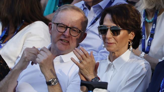 Anthony Albanese with Tennis Australia chair Jayne Hrdlicka at the men’s singles final of the Australian Open. Picture: Michael Klein