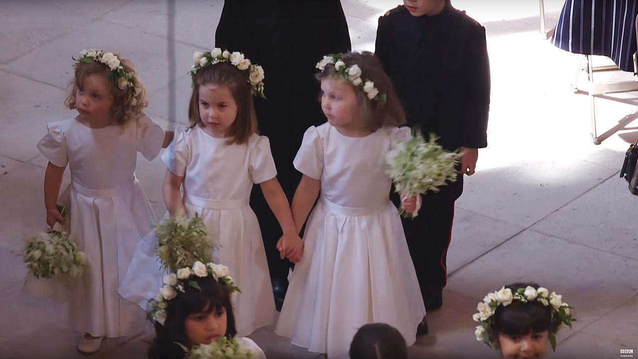 The flower girls arrive at the wedding of Prince Harry and Meghan Markle at St George's Chapel at Windsor Castle on May 19, 2018. Picture: BBC via YouTube