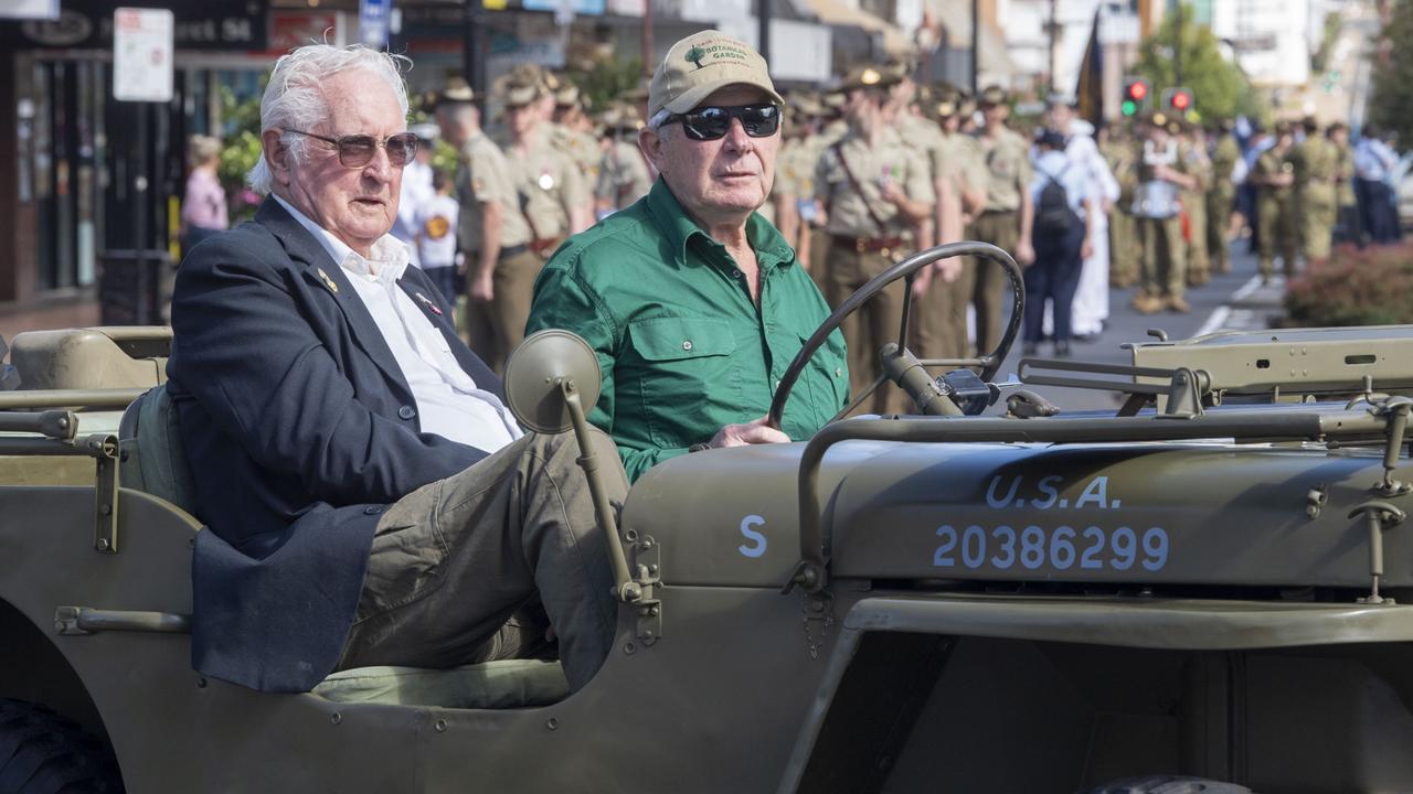 Michael O'Neill driven by Philip Tindall. Assembly in Neil St for the mid morning parade on ANZAC DAY. Tuesday, April 25, 2023. Picture: Nev Madsen.