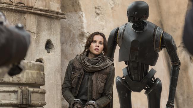 L to R: Jyn Erso (played by Felicity Jones), and K-2SO (Alan Tudyk) Picture: Lucasfilm Ltd.