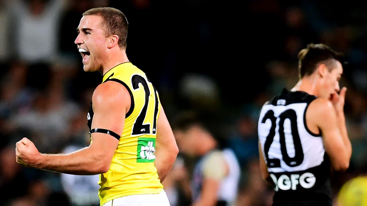 Jack Ross celebrates the win against Port Adelaide on Saturday night.