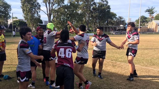 The Marsden SHS bench celebrates the win.