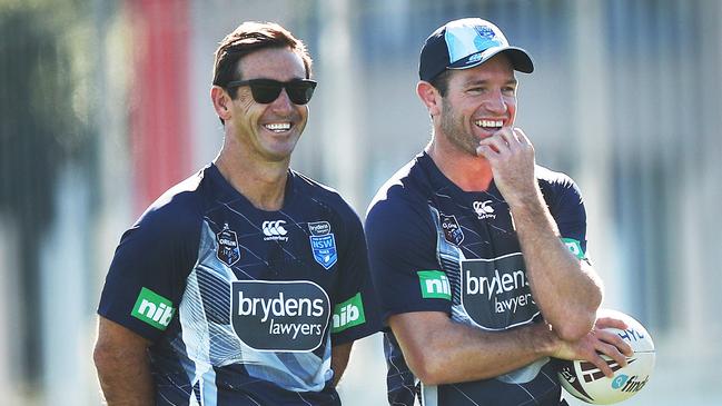 Andrew Johns and Danny Buderus during the NSW Blues training session at NSWRL Centre of Excellence last year.