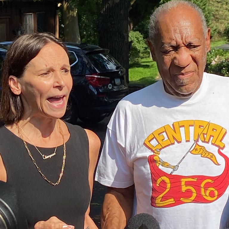 Lawyer Jennifer Bonjean and Bill Cosby speak outside his home after his release from prison. Picture: Getty Images/AFP