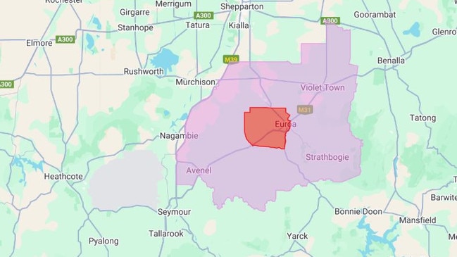 The control and restricted areas around Euroa after bird flu was detected at two properties in early February. Picture: Agriculture Victoria