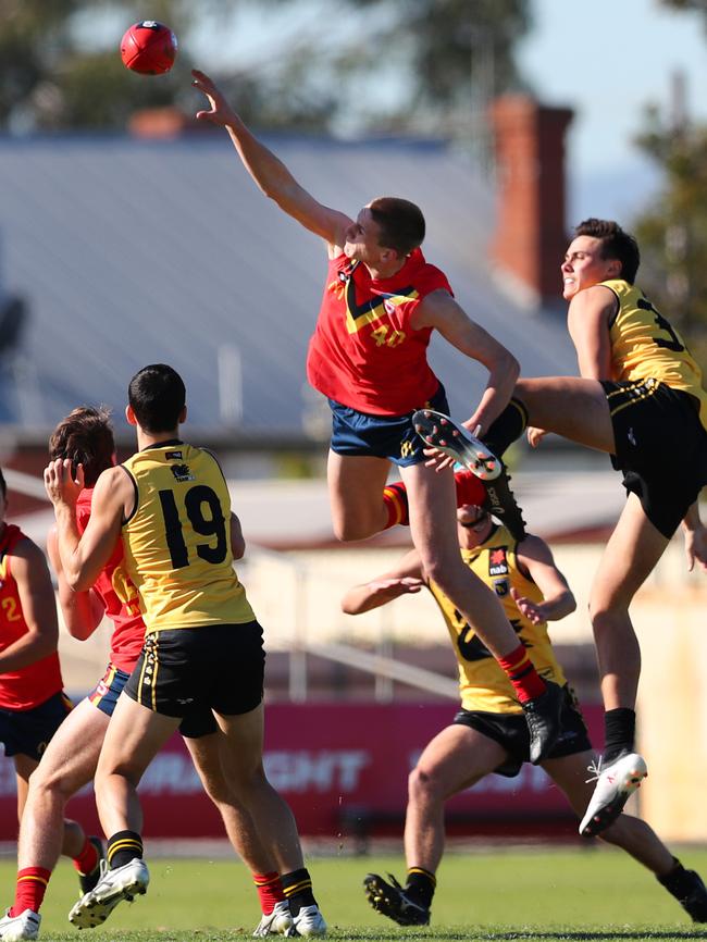 James Braidwood flies for SA against WA at Alberton Oval. Picture: Tait Schmaal