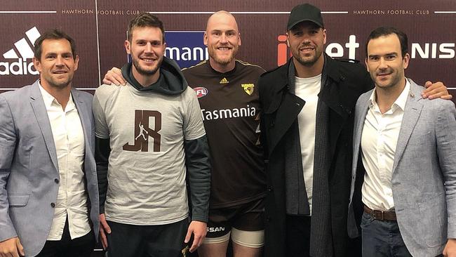 Luke Hodge and Birchall, left, before great mate Jarryd Roughead’s final AFL game alongside fellow former Hawk greats Lance Franklin and Jordan Lewis.