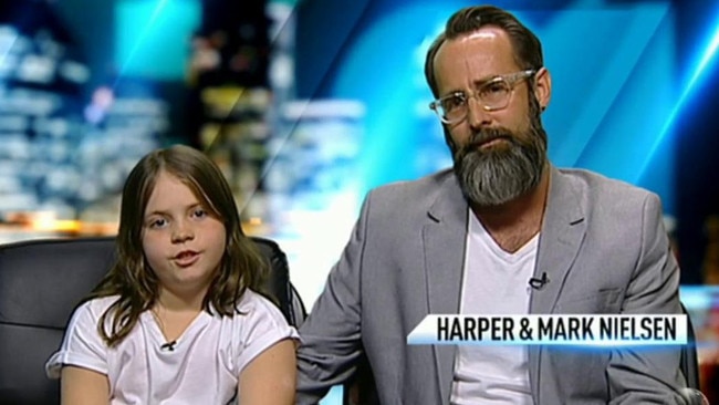 Harper Nielsen, left, and her father, Mark Nielsen, appear on The Project. Photo: Channel 10