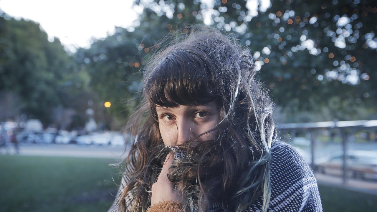 <p>Lydia Rose is feeling the cold in Hobart, March 2019. Picture: MATHEW FARRELL</p>