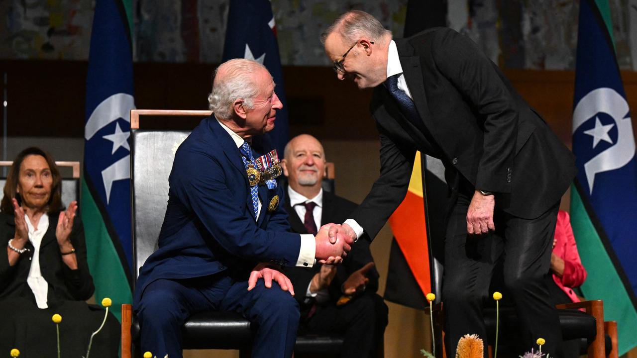 King Charles shakes hands with Australian Prime Minister Anthony Albanese while attending the Parliamentary reception at Parliament House in Canberra on October 21. Picture: Lukas Coch/POOL/AFP