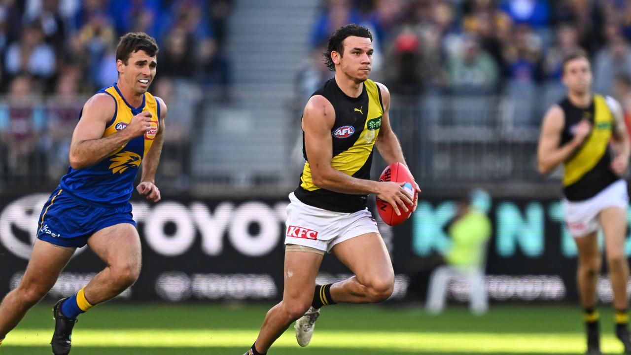 Daniel Rioli takes off on another exciting attacking run. Picture: Daniel Carson/AFL Photos via Getty Images