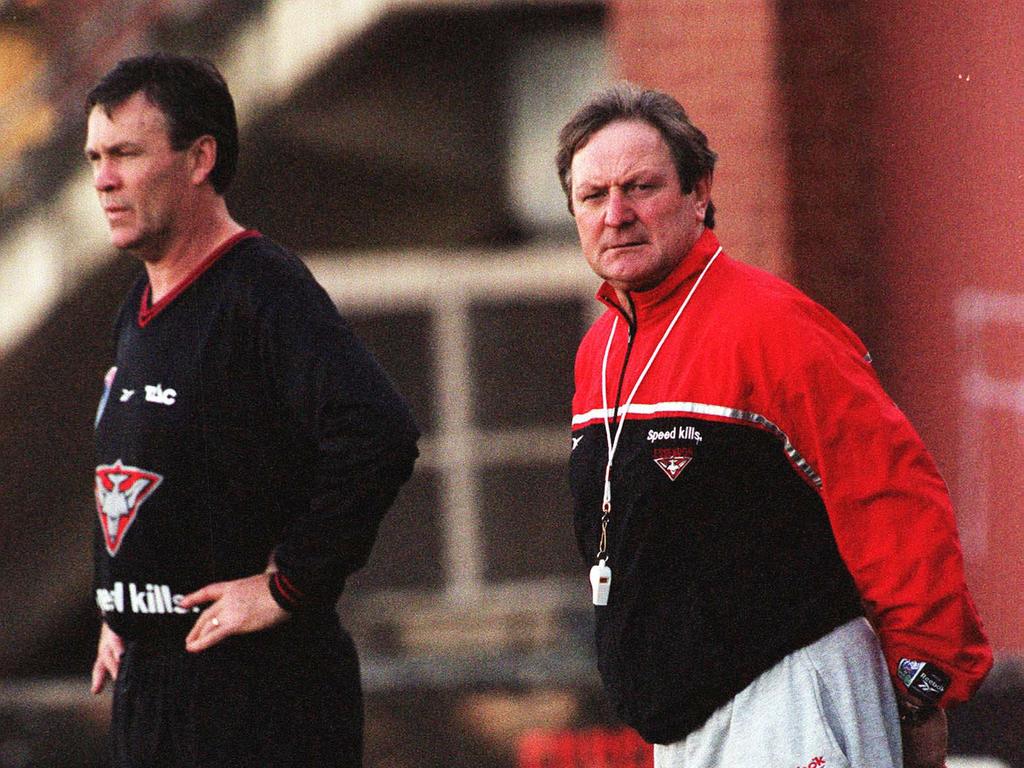 Football coach Kevin Sheedy with assistant Robert Shaw at training in August 1999.