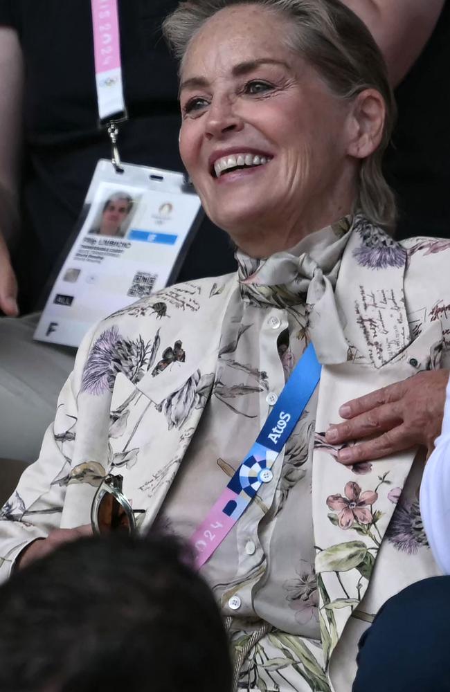 US actor Sharon Stone watched the men’s gold medal tennis match. Picture: AFP