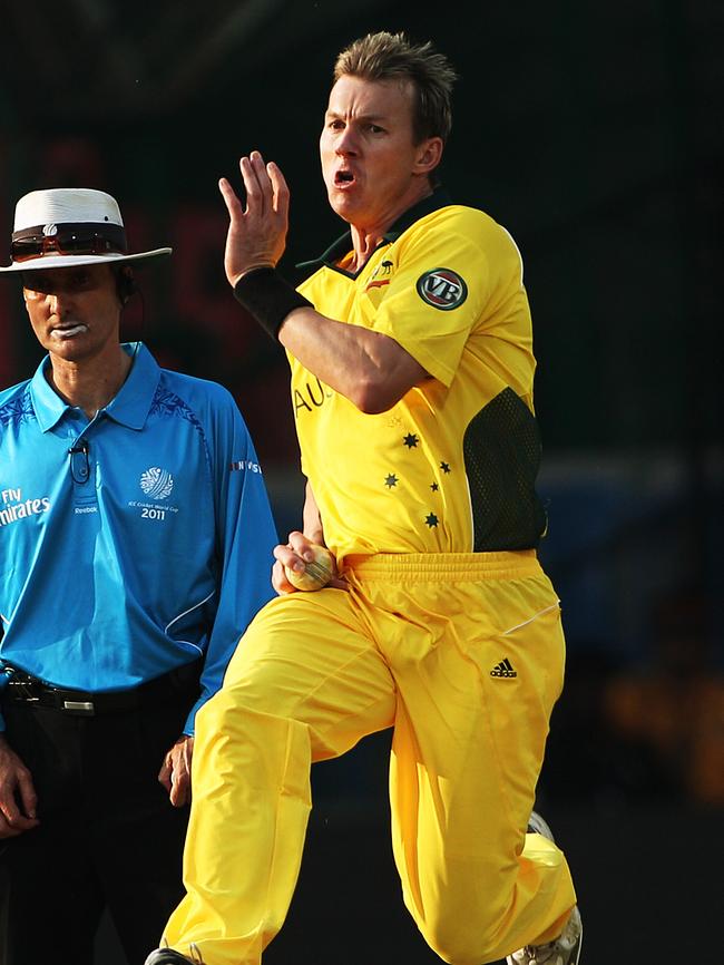 Brett Lee in action at the Cricket World Cup 2011