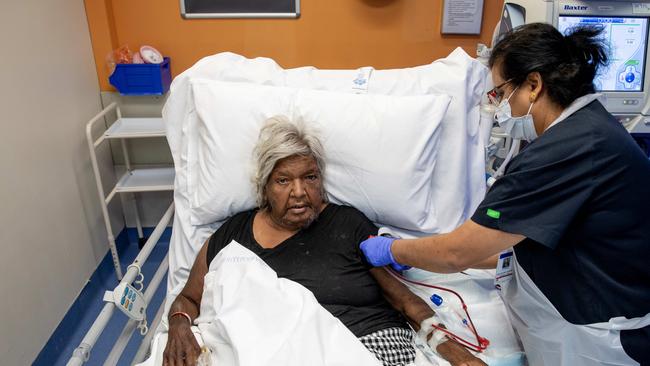 Diabetes and renal patient Julie Cline, who lives at the Little Sisters town camp in Alice Springs, receivies dialysis. Picture: Liam Mendes / The Australian