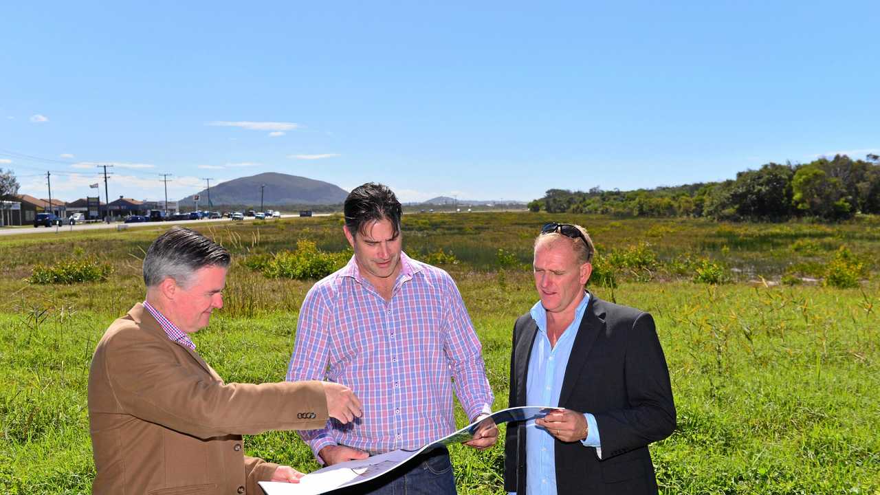 The 5.5 hectare development site near the airport at Marcoola. Falcon Projects director Damon Falcongreen (centre) with Cr Jason O'Pray (right) and Andrew Stevens of Project Urban.  Photo: John McCutcheon / Sunshine Coast Daily. Picture: John McCutcheon