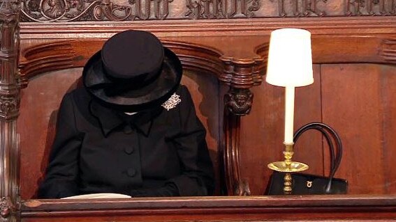 The Queen bows her head during Prince Philip's funeral. Picture: Getty