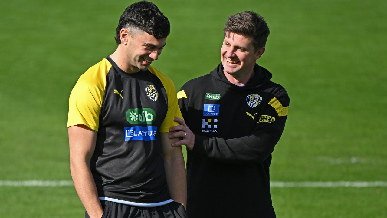 Tim Taranto with new Richmond Tigers interim coach Andrew McQualter. Picture: Quinn Rooney / Getty Images