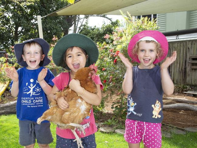 Everton Park childcare and development centre is one of the few centre's in Queensland to be rated 'excellent'. Dexter Eager, Athena Retimana  and Sophie Sligo. Thursday, October 8 2020. Picture: Renae Droop