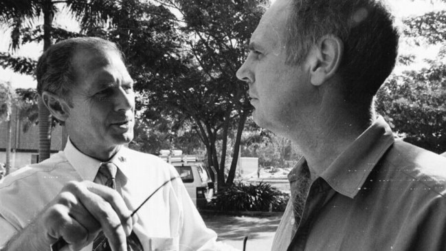 Former NT chief minister Marshall Perron with euthanasia advocate Dr Philip Nitschke outside Darwin's Supreme Court in 1996