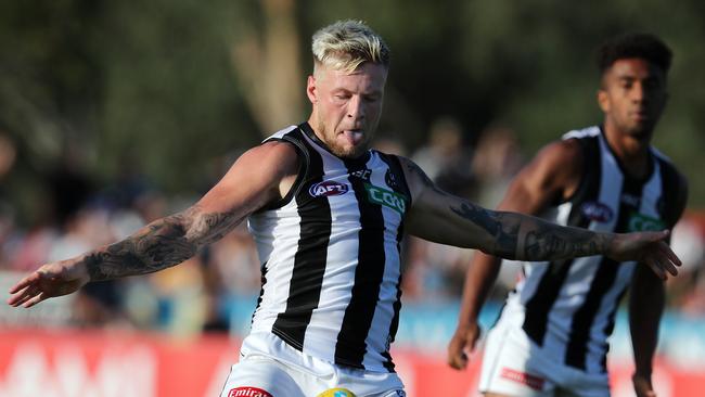 Collingwood’s Jordan De Goey plays in a practice match in Wangaratta in 2020. Picture: Michael Klein