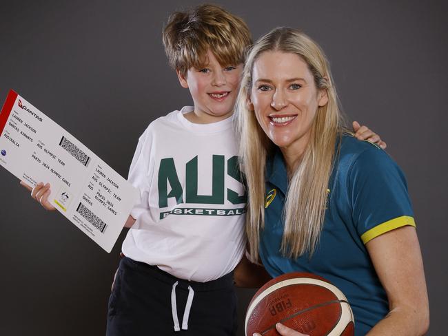 NCA . MELBOURNE, AUSTRALIAÃ July 7 , 2024.  Announcement of the Australian Basketball teams for the Paris Olympics at the Melbourne Sports and Aquatic centre .   5 time Olympian Lauren Jackson with her son Harry at todays announcement      . Pic: Michael Klein