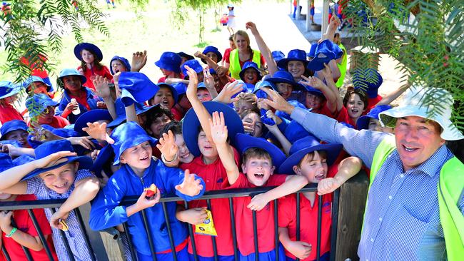 Port Melbourne Primary School principal Peter Martin and students celebrate Leader's Build Our School campaign success. Picture: Derrick den Hollander