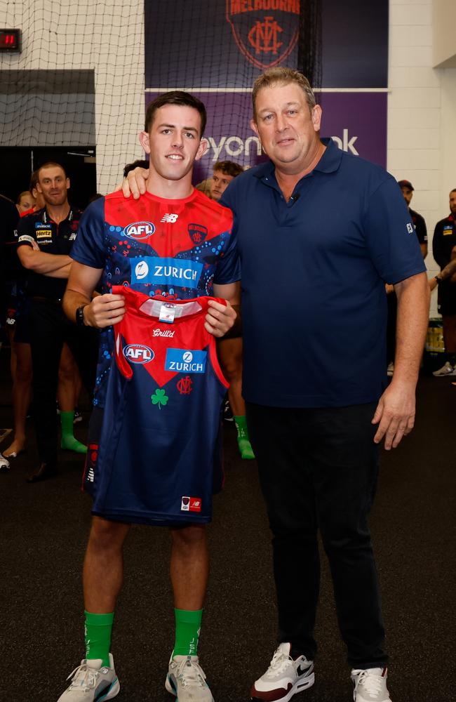 Demons debutant Xavier Lindsay starred in his first game. Picture: Dylan Burns/AFL Photos via Getty Images.