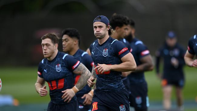 Nicho Hynes training with the Blues in icy conditions in the Blue Mountains on Saturday. Picture: NRL Imagery