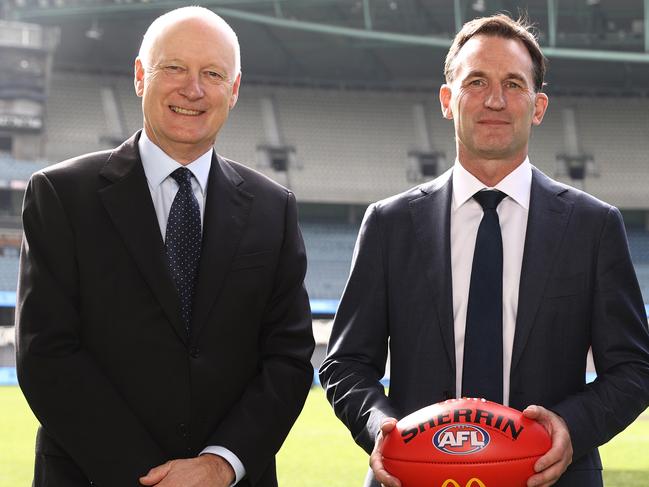 MELBOURNE. 30/04/2023. AFL. AFL Press conference announcing Andrew Dillon as the incoming CEO at there end of this years AFL season .  Andrew Dillon with AFL commission chairman Richard Goyder and current AFL CEO Gillon McLachlan . Pic: Michael Klein