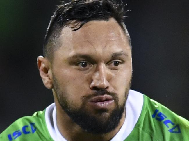 Jordan Rapana of the Raiders in action during the NRL Preliminary Final match between the Canberra Raiders and South Sydney Rabbitohs at GIO Stadium in Canberra, Friday, September 27, 2019. (AAP Image/Lukas Coch) NO ARCHIVING, EDITORIAL USE ONLY