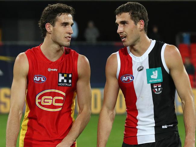 AFL Round 10. Gold Coast Suns vs St Kilda at the Metricon Stadium.  06/08/2020.  Ben King of the Suns and Max King of the Saints after the game  . Pic: Michael Klein