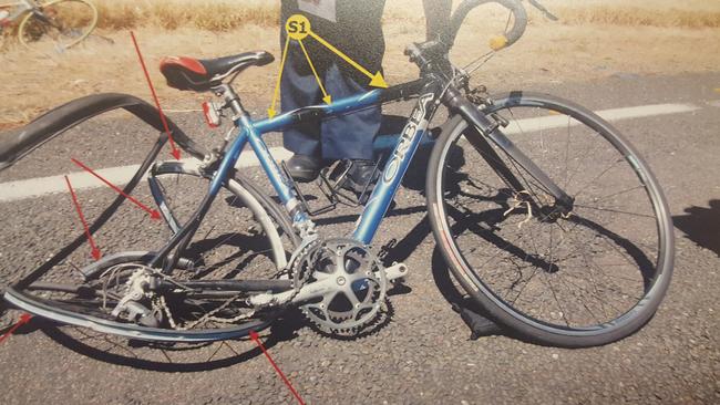 A court photograph shows the damaged sustained to Kathleen Heraghty’s bike after being hit by Samantha Farrer. Pic: SA Police                        <a class="capi-image" capiId="2bb9a00358f1edc25a4126cea88ee058"></a>