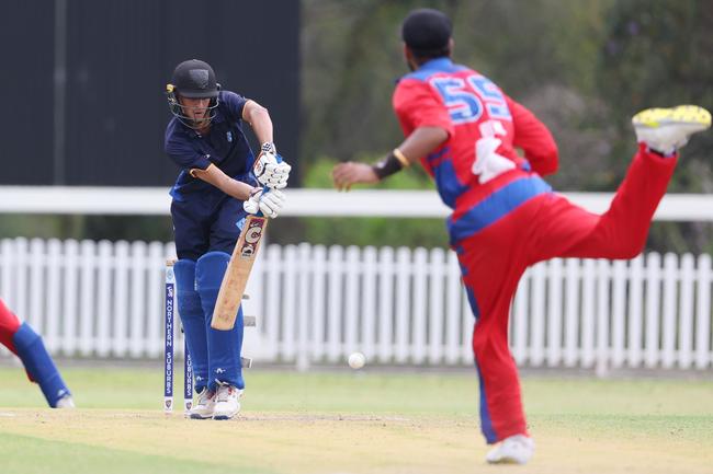 Harry DeSouza batting for Northern Suburbs against Toombul in their Under 17 cricket clash at Ian Healy Oval on Sunday. Picture Lachie Millard