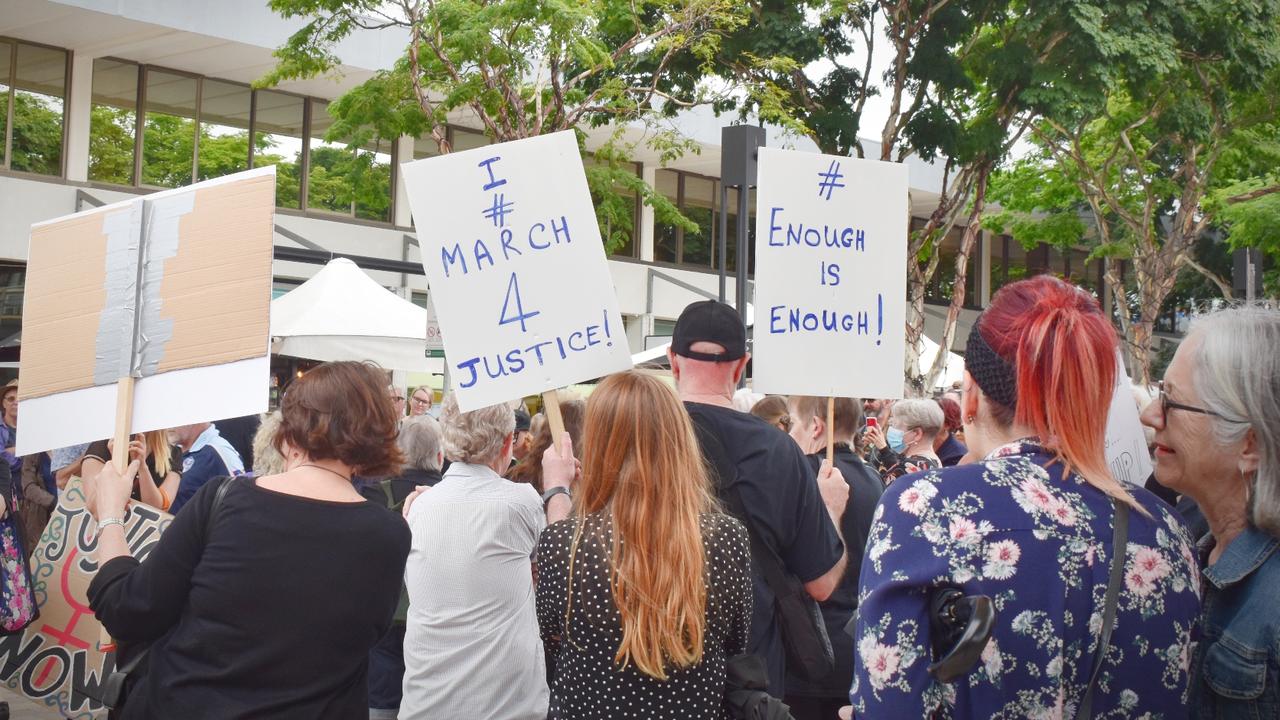 Protesters gathered at City Square on Monday for the March 4 Justice event in Coffs Harbour.