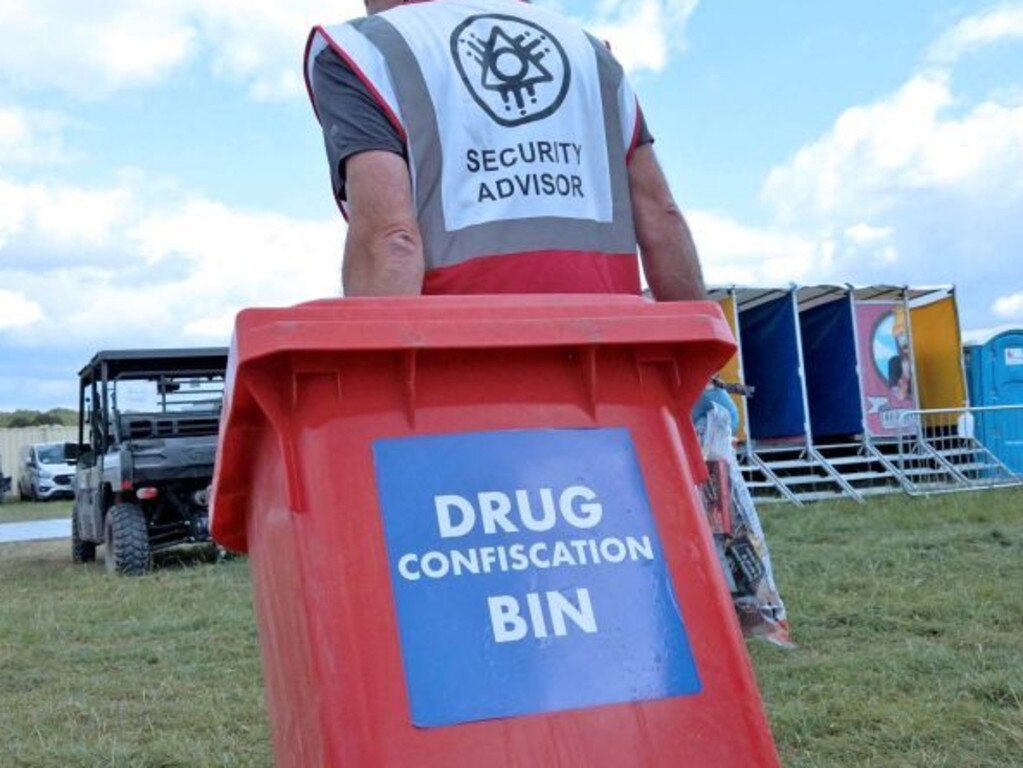 A drug confiscation bin at Boomtown in the UK.