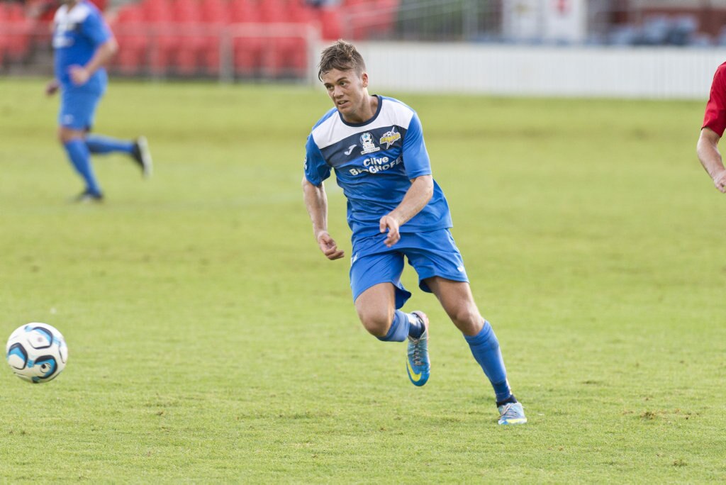 Matthew Hull of South West Queensland Thunder against Sunshine Coast Fire in NPL Queensland men round nine football at Clive Berghofer Stadium, Saturday, March 30, 2019. Picture: Kevin Farmer