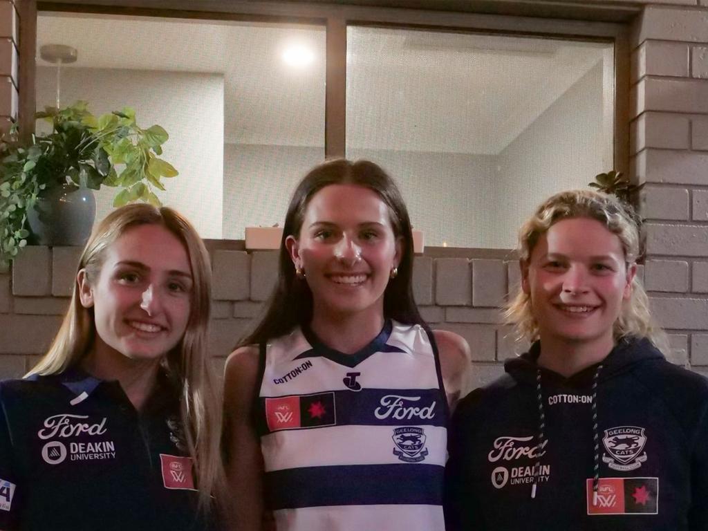 Bryde O'Rourke was surprised by Georgie Prespakis and Amy McDonald up in Bendigo. Picture: Geelong Cats