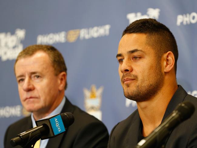 Jarryd Hayne and Titans CEO Graham Annesley answers the media’s questions on the day it was revealed he had signed with the club. Picture: Jason O'Brien/Getty Images.