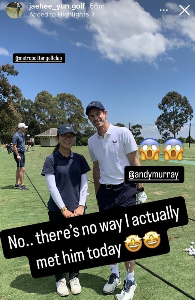 Andy Murray at the Metropolitan Golf Club with a young golfer who spotted him on the fairways. Picture: Supplied/Instagram