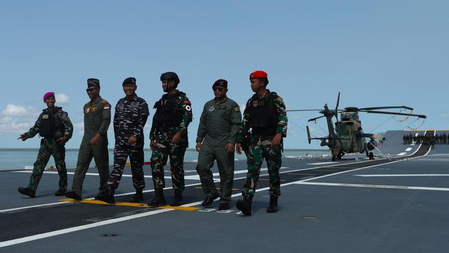 Indonesian National Armed Forces members aboard the HMAS Adelaide ahead of Exercise Keris Woomera, the first bilateral amphibious activity exercise with the Australian Defence Force. Picture: Zizi Averill