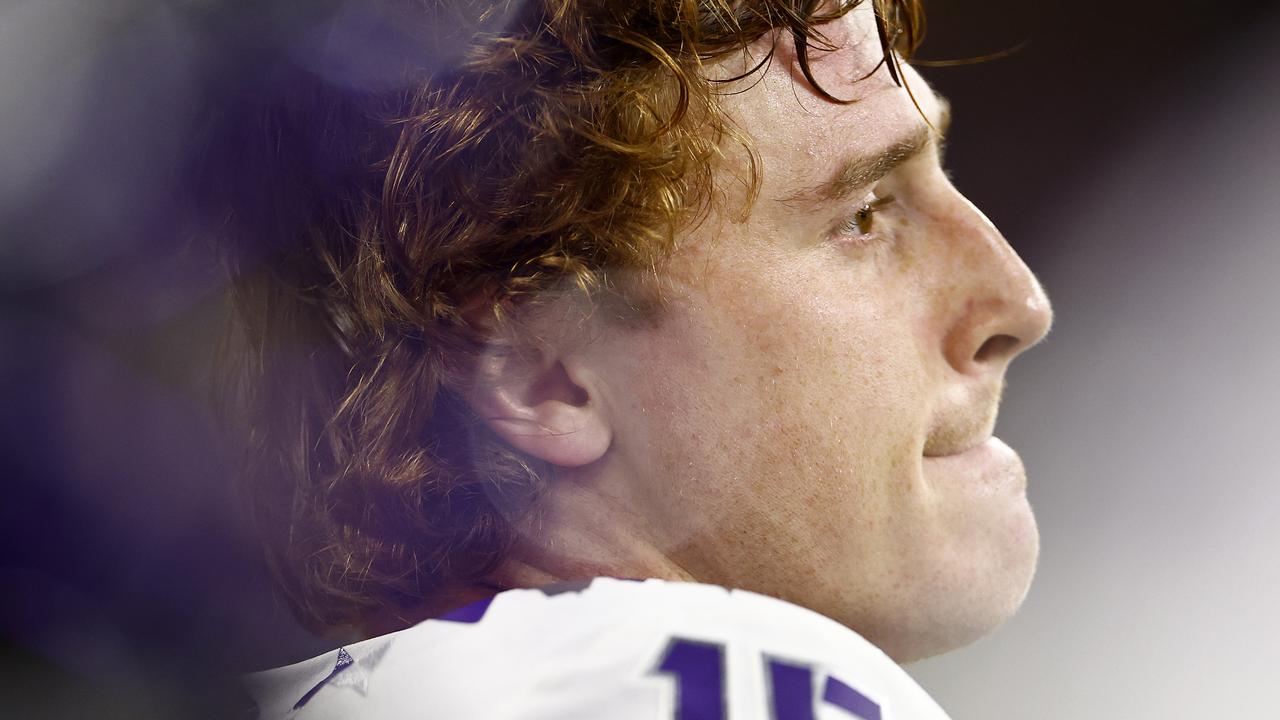 TCU Horned Frogs quarterback Max Duggan looks on from the bench during the fourth quarter against the Georgia Bulldogs in the College Football Playoff National Championship game