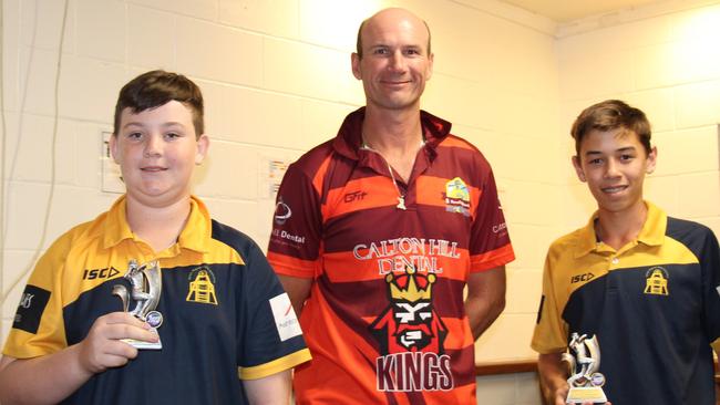 Chris Hughes congratulates Under 15 bowling Aggregate Winners Lewis Andreassen (left) and Toby Young (right). Picture: Supplied