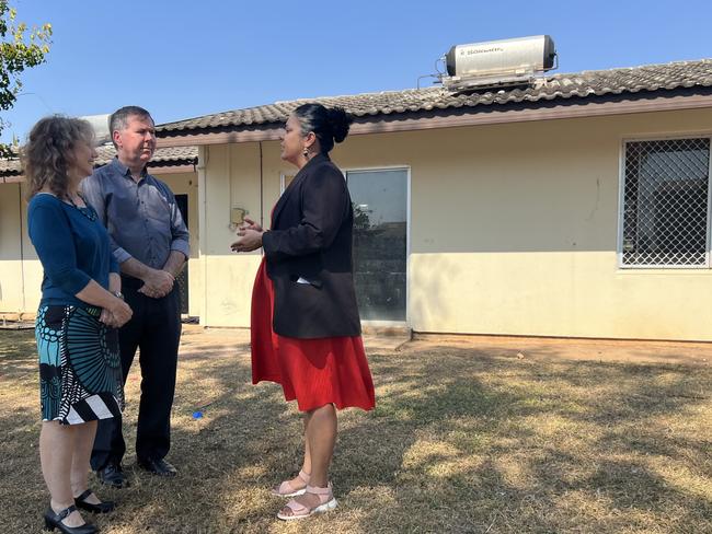 Community Housing Industry Association NT coordinator Carol Atkinson, Urban Housing Minister Ngaree Ah Kit, NT Shelter chief executive Peter McMillan, as the NT government releases an EOI to transfer another 269 public houses to the community housing provider sector. Picture: Fia Walsh.