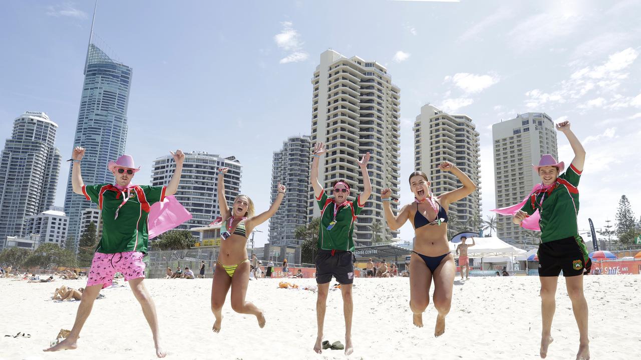 Charlie Jackson Brown (left), Jules Simionato, Lachlan Christopher Thompson, Noelle Wright, and Joel William Markey, celebrate their time during day two of the annual Schoolies at Surfers Paradise beach, Gold Coast, November 19, 2023. Photo: Regi Varghese