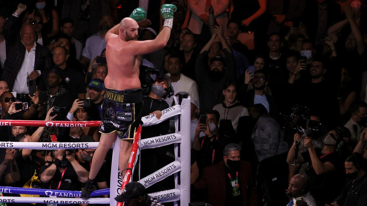 LAS VEGAS, NEVADA - OCTOBER 09: Tyson Fury celebrates his 11-round knockout of Deontay Wilder to retain his WBC heavyweight title at T-Mobile Arena on October 9, 2021 in Las Vegas, Nevada. (Photo by Ethan Miller/Getty Images)