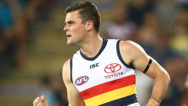 DARWIN, AUSTRALIA - JUNE 01:  Brad Crouch of the Crows celebrates after kicking a goal during the round 11 AFL match between the Melbourne Demons and the Adelaide Crows at TIO Stadium on June 01, 2019 in Darwin, Australia. (Photo by Scott Barbour/Getty Images)
