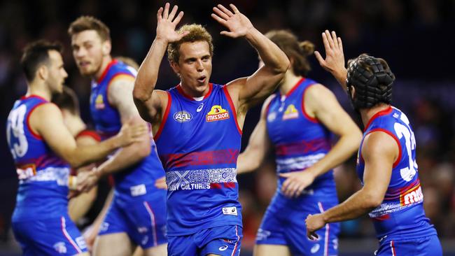 Mitch Wallis celebrates a goal with Caleb Daniel. Picture: Michael Klein