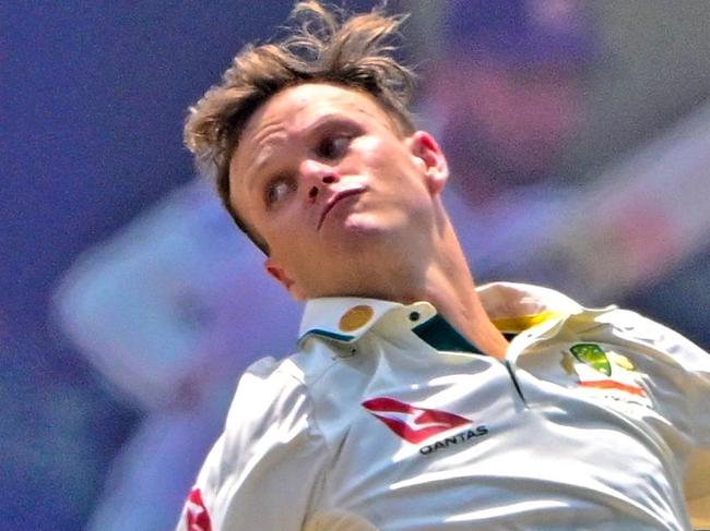 Australia's Matthew Kuhnemann bowls during the first day of second test cricket match between Australia and Sri Lanka at the Galle International Cricket Stadium in Galle on February 6, 2025. (Photo by Ishara S. KODIKARA / AFP)